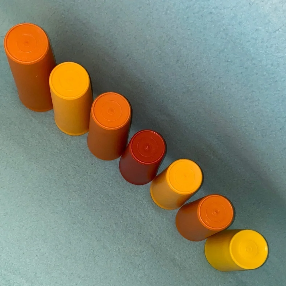 TUPPERWARE 7 drinking cups plastic random sizes yellow red orange vintage 1970’s